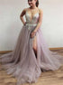 A Line V Neck Tulle Backless Slit Prom Dresses With Beading LBQ3951